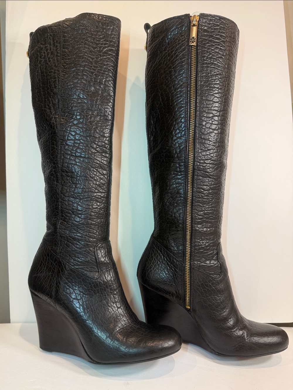 Tory Burch Black Textured Leather Wedge Knee-High Boots size 9M